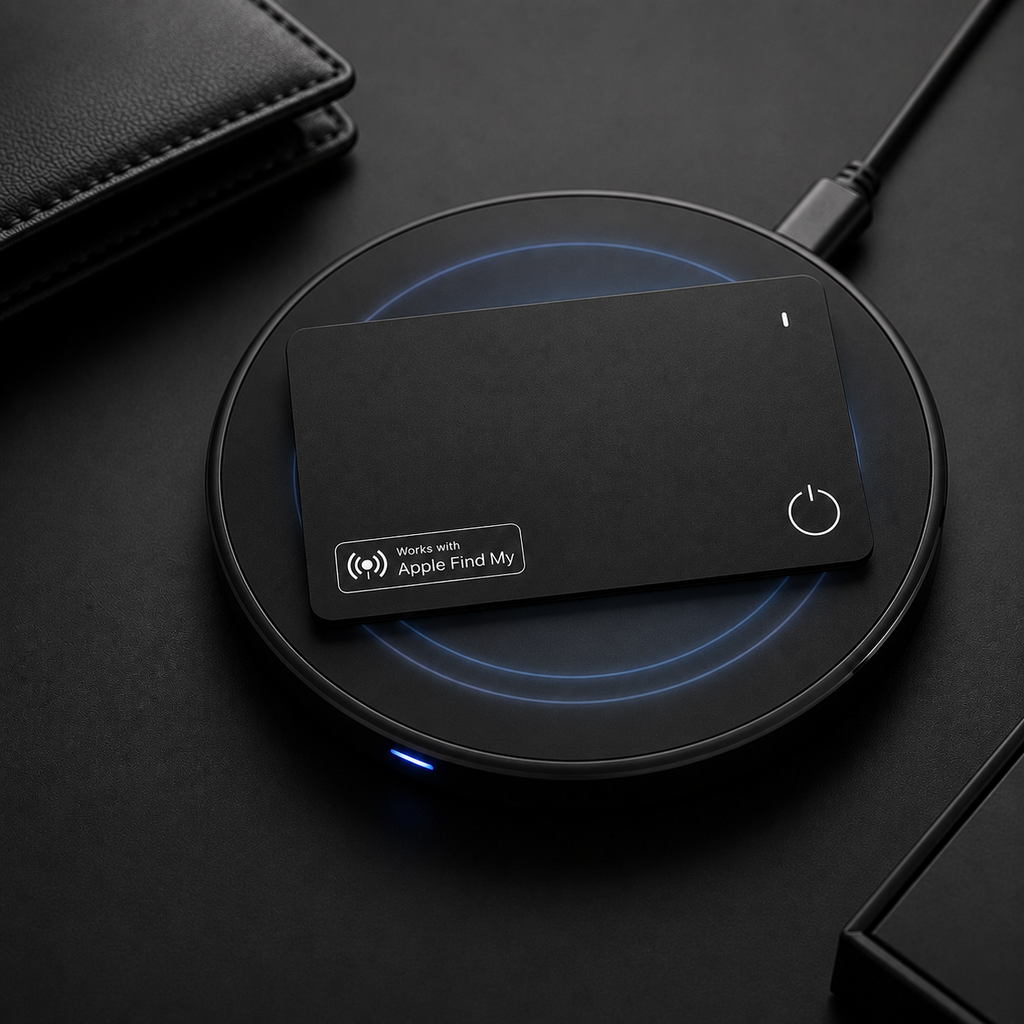 Velora rechargeable Apple Find My wallet tracker card charging wirelessly on a Qi wireless charger.