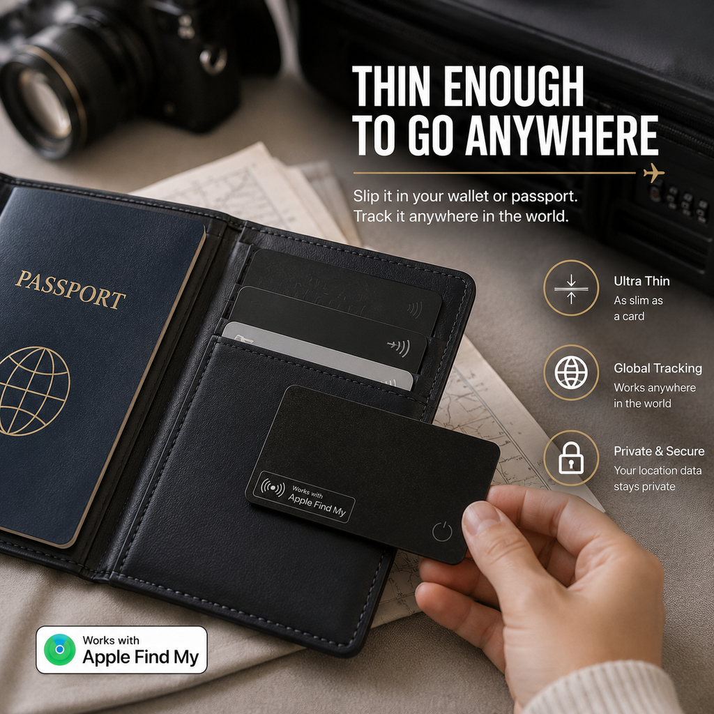 Velora ultra-slim Apple Find My wallet tracker card inside a passport wallet for secure travel and global tracking.