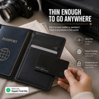 Velora ultra-slim Apple Find My wallet tracker card inside a passport wallet for secure travel and global tracking.