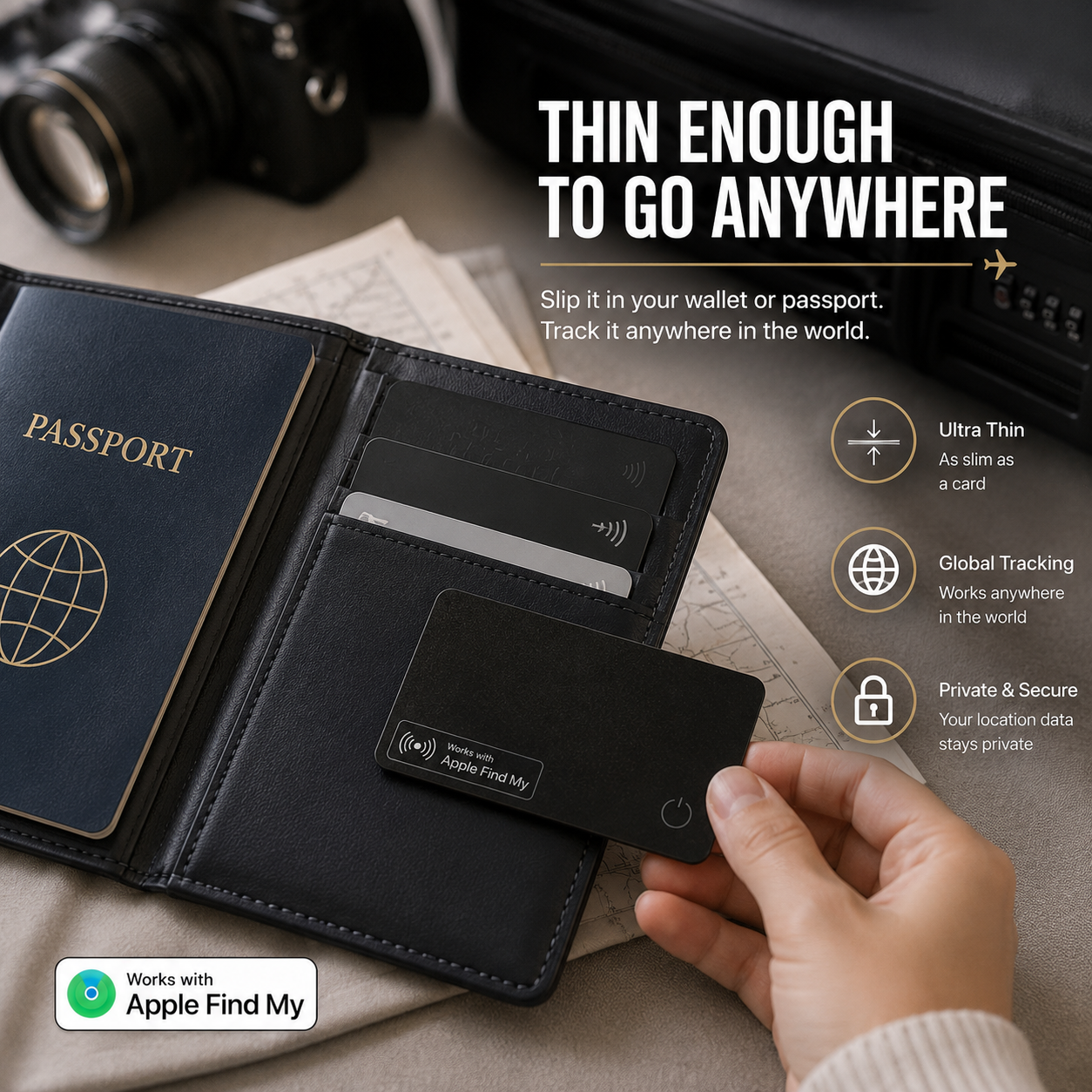 Velora ultra-slim Apple Find My wallet tracker card inside a passport wallet for secure travel and global tracking.