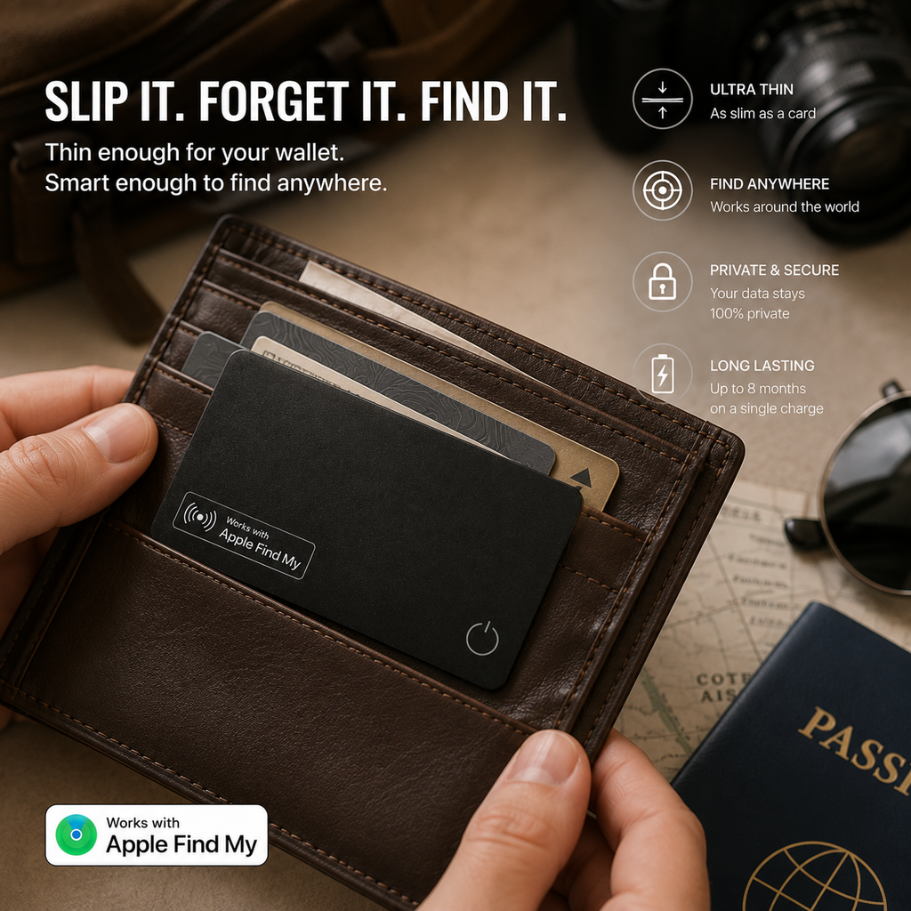 Velora ultra-slim Apple Find My wallet tracker card inside a leather wallet for secure everyday carry and easy tracking.
