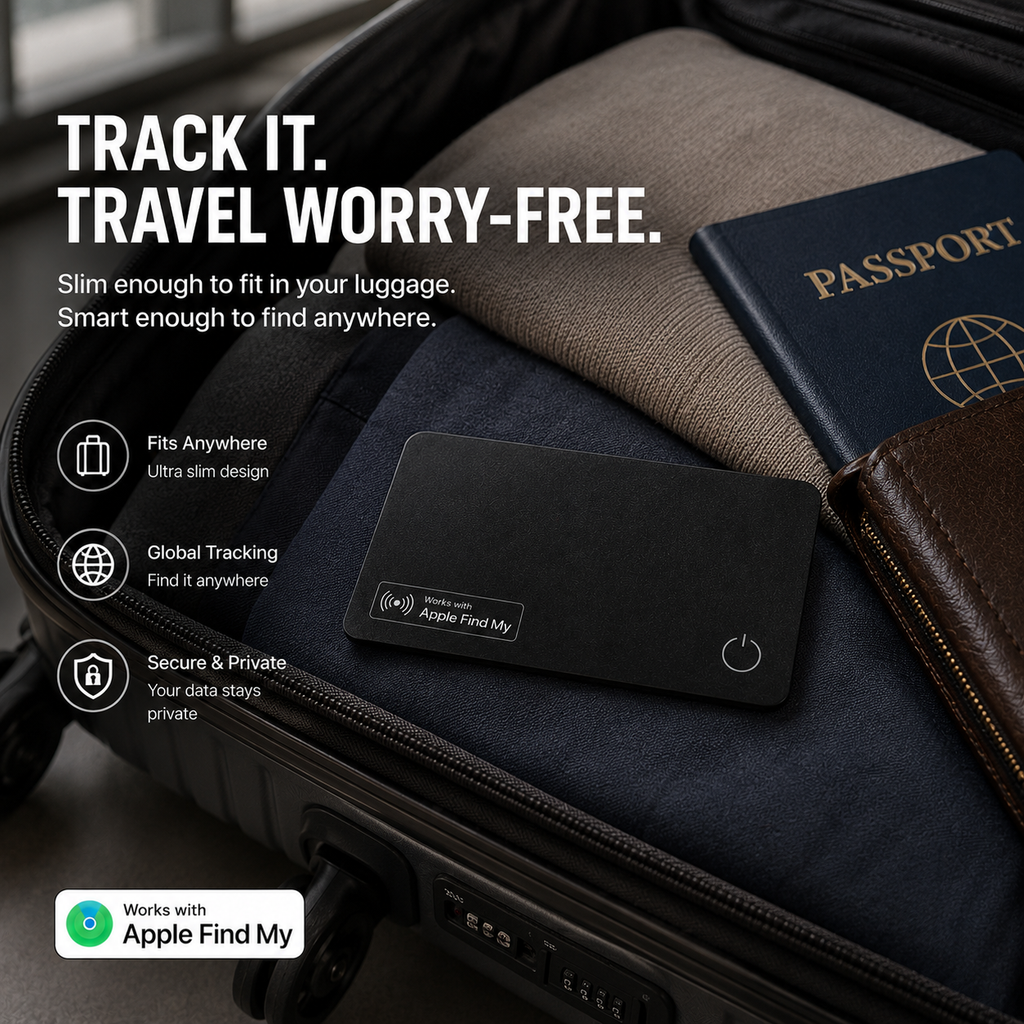 Velora ultra-slim Apple Find My wallet tracker card inside a travel suitcase for luggage tracking and secure travel.