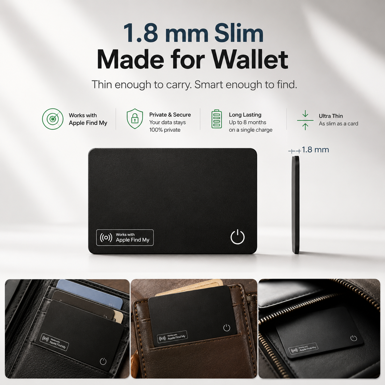 Velora 1.8 mm ultra-slim wallet tracker card compatible with Apple Find My for wallets, travel bags, and everyday essentials.