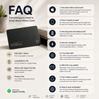 Velora Apple Find My wallet tracker card FAQ featuring setup, battery life, charging, privacy, worldwide tracking, and wallet compatibility.