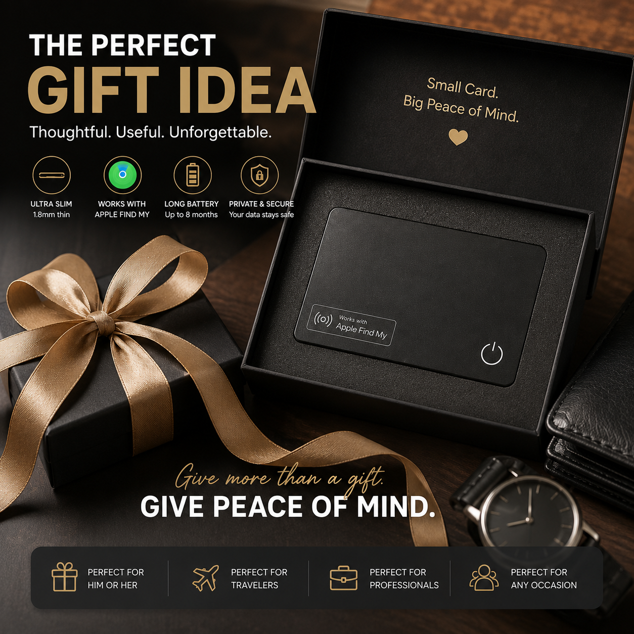 Velora ultra-slim Apple Find My wallet tracker card in a premium gift box, perfect for travelers, professionals, and everyday carry.