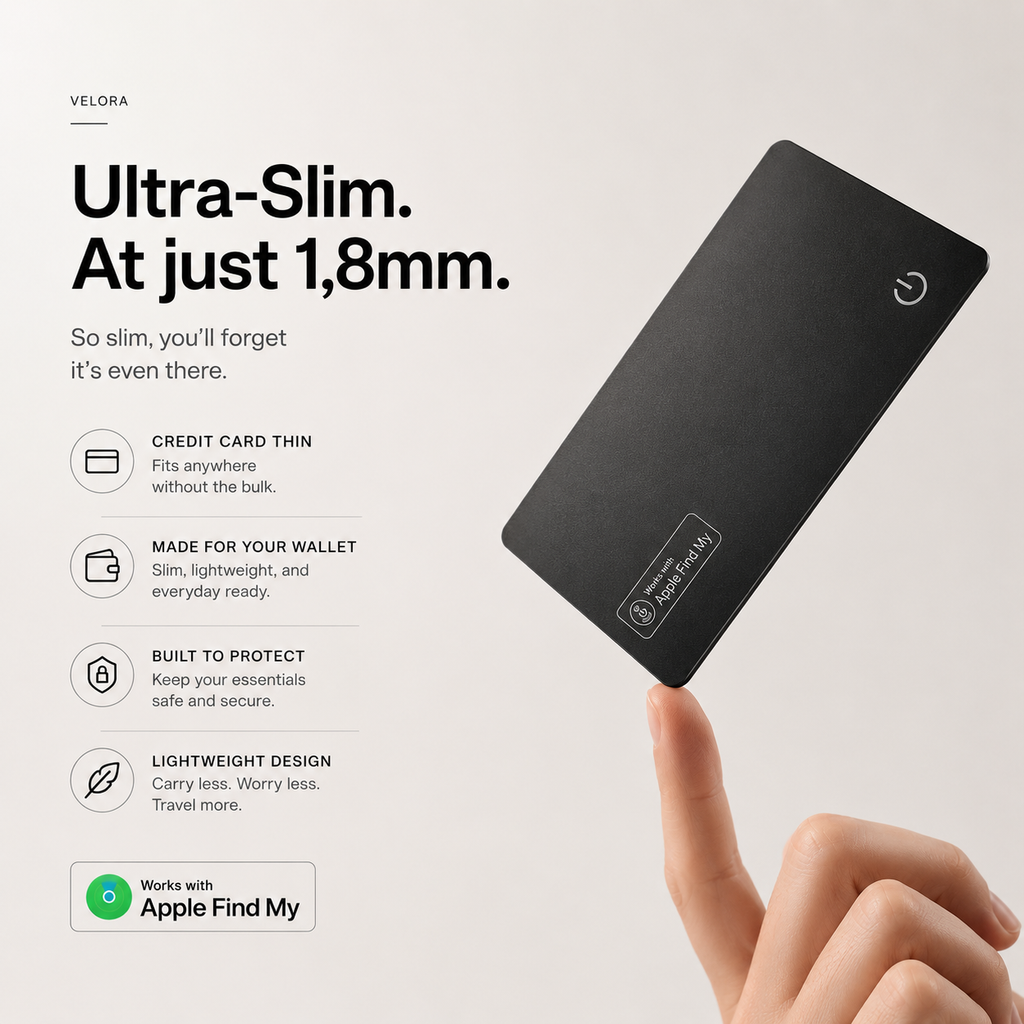 Velora ultra-slim Apple Find My wallet tracker card with a 1.8 mm design for wallets, luggage, and everyday carry.