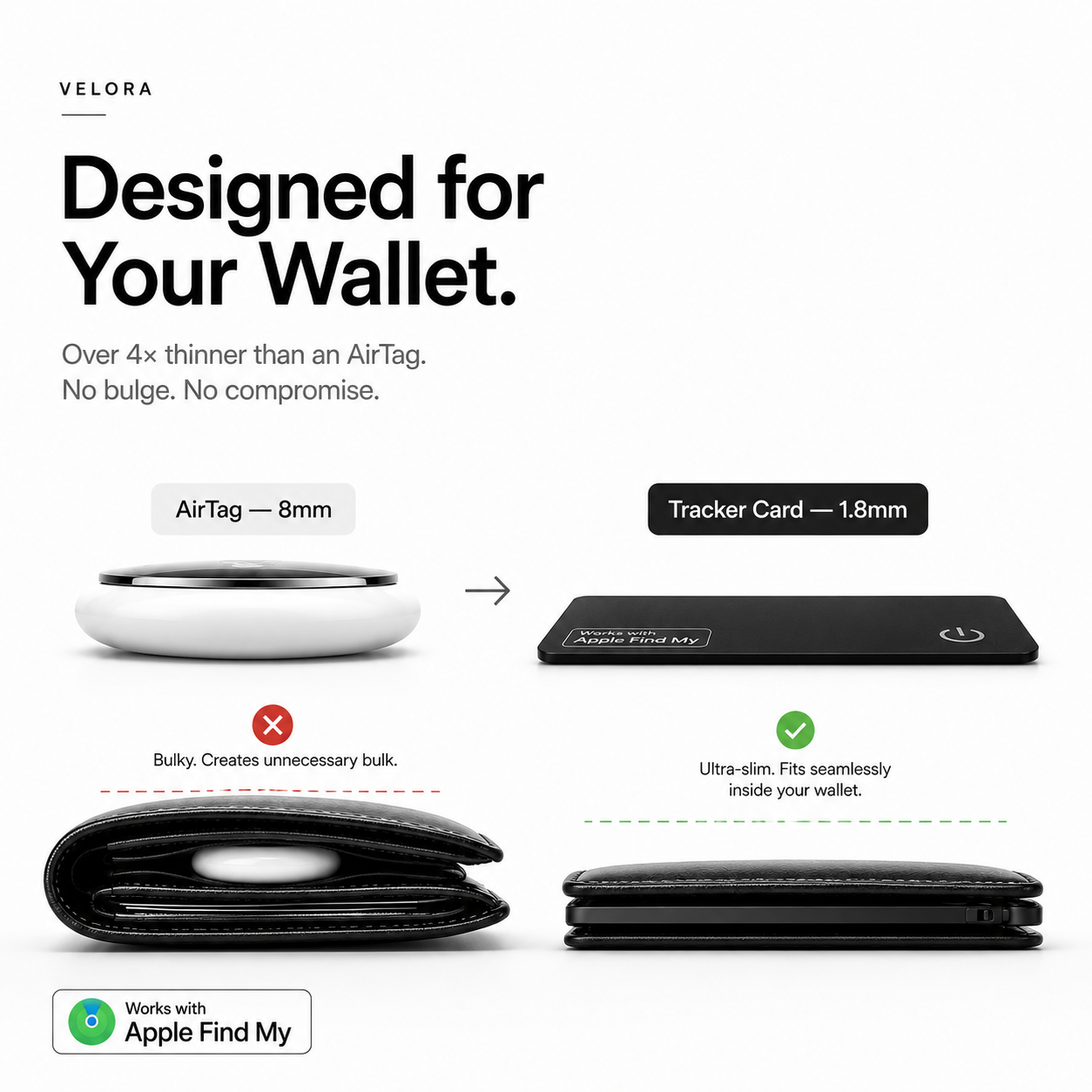 Velora ultra-slim wallet tracker card compatible with Apple Find My, compared to an Apple AirTag for a slimmer wallet fit.